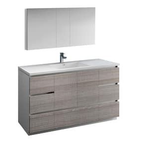 Lazzaro 60 in. Modern Bathroom Vanity in Glossy Ash Gray with Vanity Top in White with White Basin and Medicine Cabinet