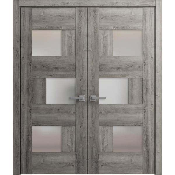 VDOMDOORS 56 in. x 96 in. 2 Panel Nebraska Grey Finished Solid MDF Sliding Door with Hardware