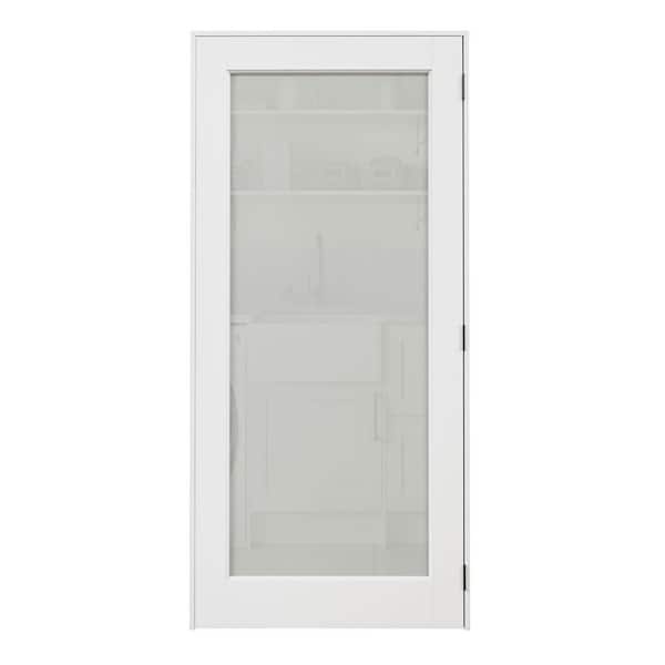 36 in. x 80 in. 1-Lite Frosted Glass Left White Solid Core Wood Single Prehung Interior Door with Quick Assemble Jamb
