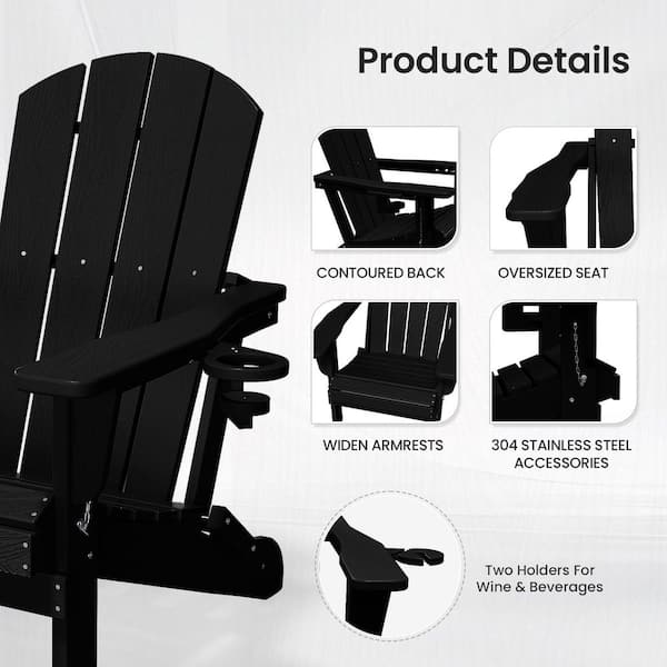 JEAREY Classic Black Folding Plastic Adirondack Chairs with 2-Cup