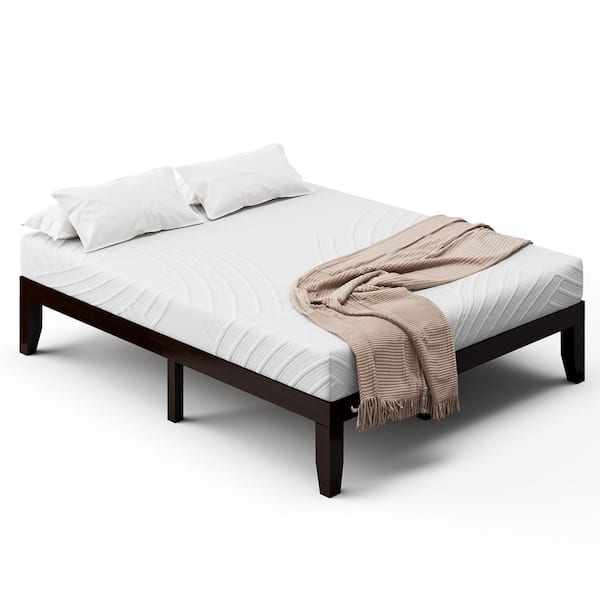 Costway Brown Wood Bed Frame Queen Platform Bed with 8 in. Foam Mattress Set CertiPUR-US Certified