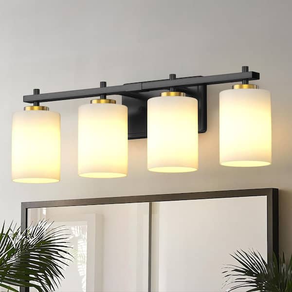 24 in. 4-Light Bathroom Vanity Light with Frosted Glass and Black and Gold Iron Frame