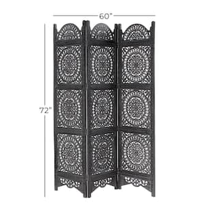 6 ft. Black 3 Panel Floral Handmade Hinged Foldable Partition Room Divider Screen with Intricately Carved Designs