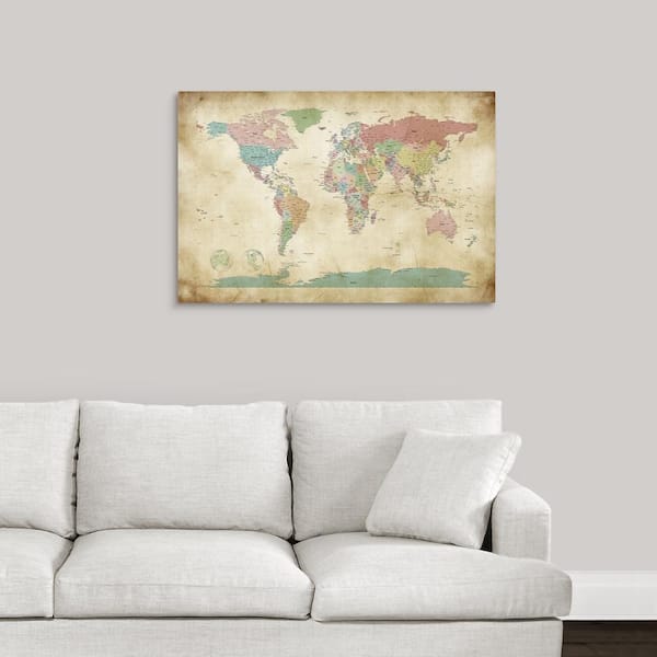 GreatBigCanvas - 36 in. x 24 in. "Political Map of the World Map, Antique" by Michael Tompsett Canvas Wall Art