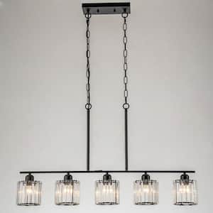 5-Light Matte Black Farmhouse Linear Hanging Pendant Light Modern/Contemporary Kitchen Island Light with Crystal Shade