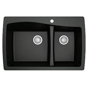 Drop-In Quartz Composite 34 in. 1-Hole 60/40 Double Bowl Kitchen Sink in Black
