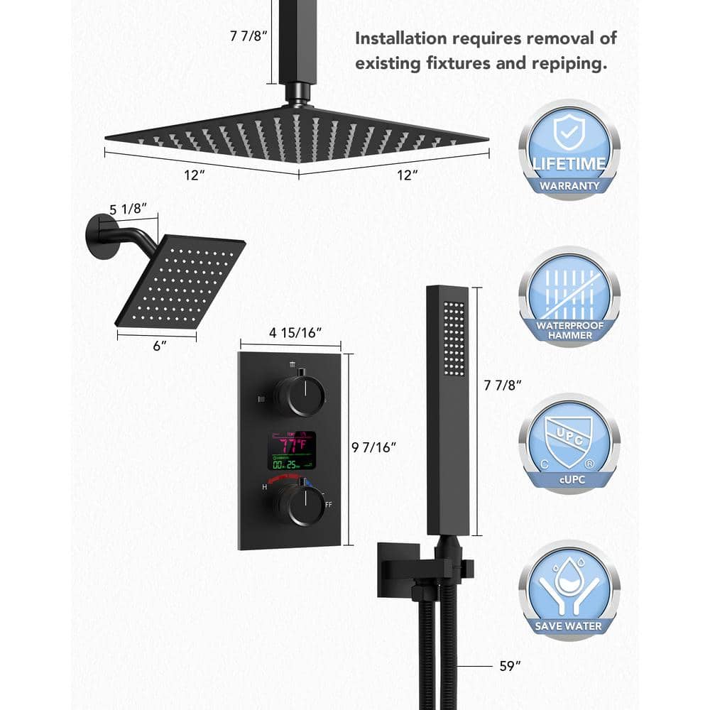 Matte Black Dual Shower System with LCD Display and Handheld