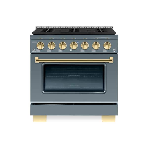 Hallman BOLD 36 in. 5.2 CF 6-Sealed Burners Freestanding Range with NG Gas Stove and Gas Oven, GR RAL 7031 with Brass Trim