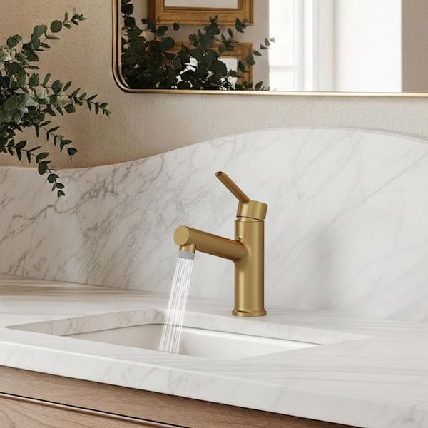 Single Handle Single Hole Bathroom Faucet with Pop‑Up Drain in Brushed Gold