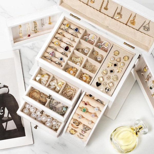 Weathered white solid wood jewelry organizer box for storage and