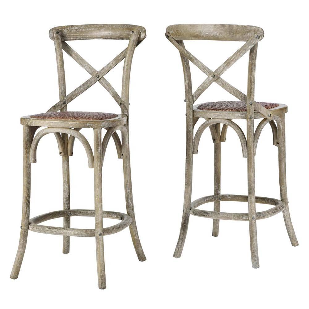 Farmhouse Charm Gray Elm Wood Counter Stool with Woven Rattan Seat