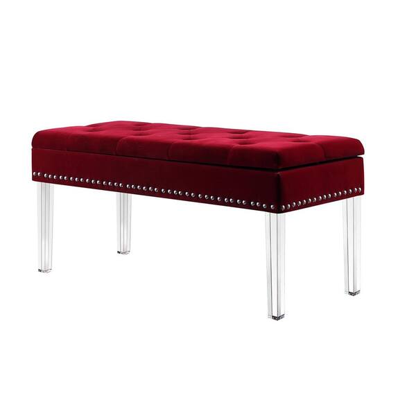 ORE INTERNATIONAL 18 in. Red Tufted Mid-Century Storage Bench Nailhead Trim with Acrylic Clear Legs