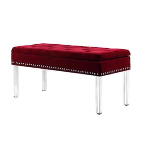 18 in. Red Tufted Mid-Century Storage Bench Nailhead Trim with Acrylic Clear Legs