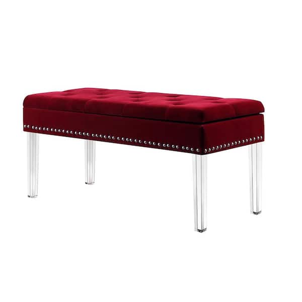 ORE International 18 in. Red Tufted Mid-Century Storage Bench Nailhead Trim with Acrylic Clear Legs