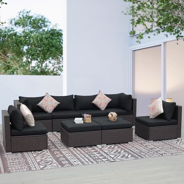 Unbranded 8-Pieces Brown Wicker Outdoor Sectionals Patio Furniture Set Conversation Set with Ottomans and Black Cushions