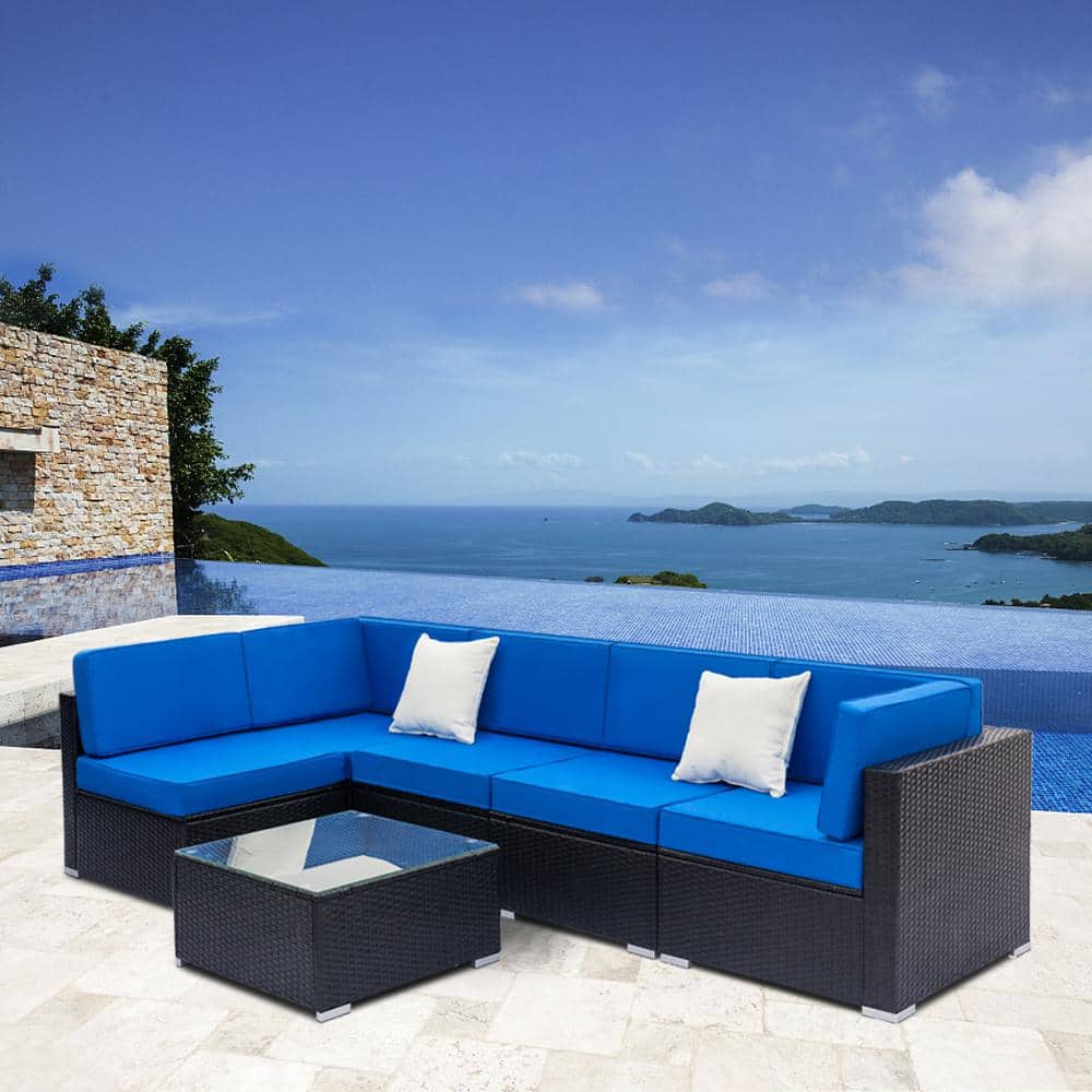 Karl home Black 7-Piece Wicker Outdoor Sectional Set with Blue Cushions Karl home Black 7-Piece Wicker Outdoor Sectional Set with Blue Cushions - 3