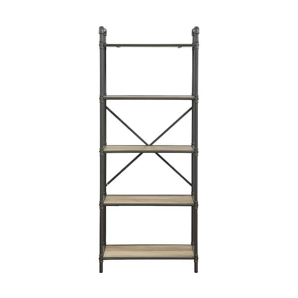 Acme Furniture 63 in. Sandy Gray/Oak Metal 5-shelf Etagere Bookcase with Open Back