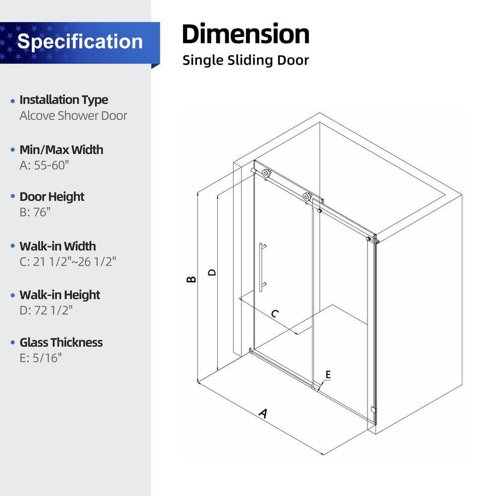 60 in. Frameless Sliding Shower Door with Clear Glass and Chrome Finish
