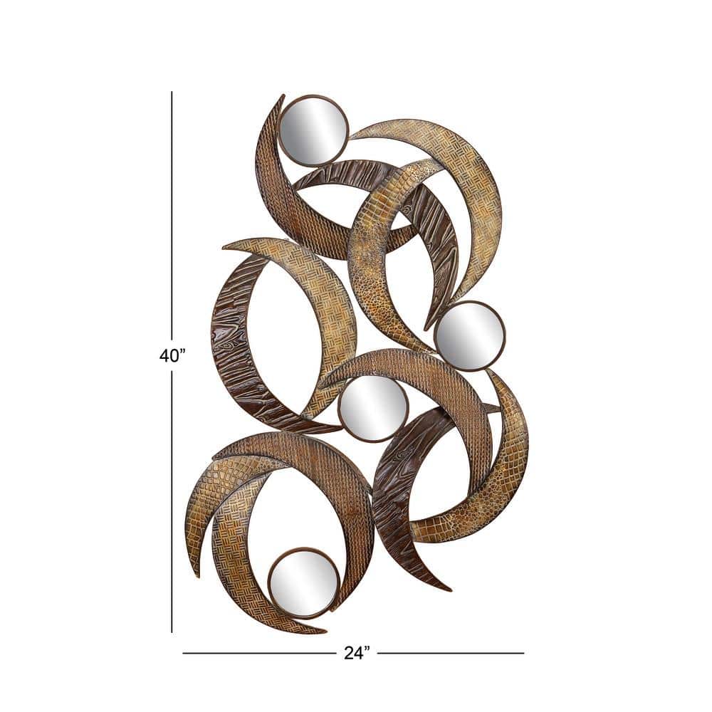 Beige and Brown Metal Crescent Moon Wall Sculpture with Mirrors
