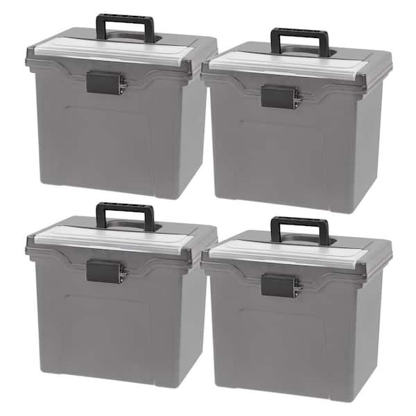 Portable Plastic File Box with Organizer Lid, Letter Size, Gray, 4Pk
