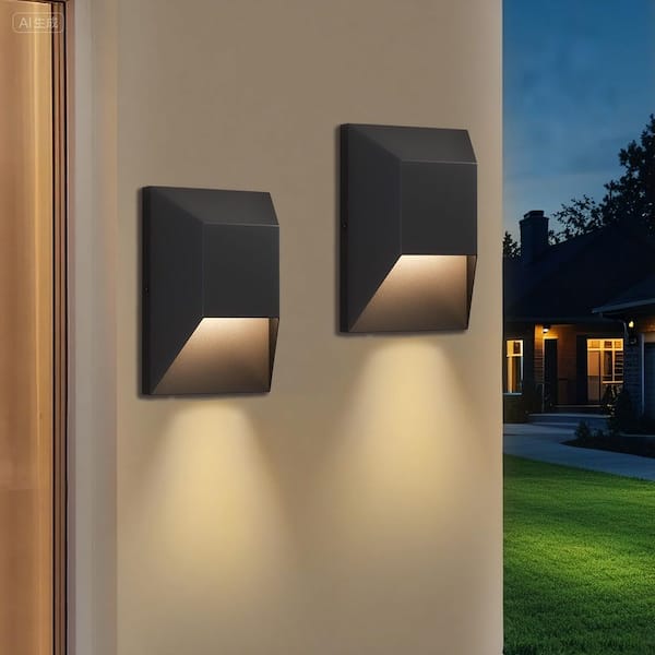9 in. 1-Light Square Black Integrated LED Outdoor Wall Sconce (2-Pack)
