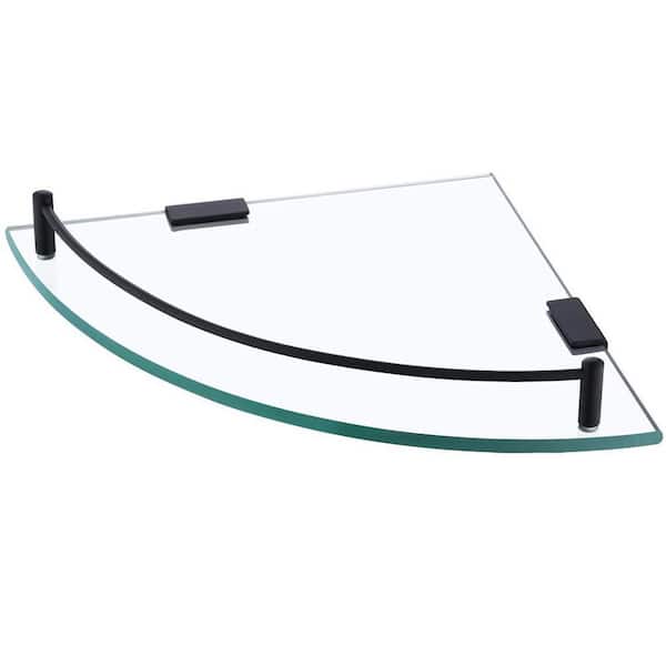 14 in. W x 10 in. D x 1.6 in. H Wall Mount Bathroom Corner Triangle Glass Shelf in Matte Black