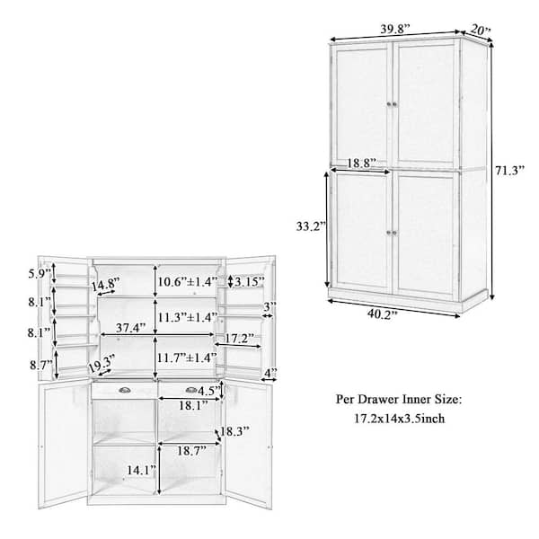 Gray 71.3 in. Accent Cabinet, Pantry Cabinet with 2 Drawers, 2 Adjustable Shelves, 8 Door Shelves