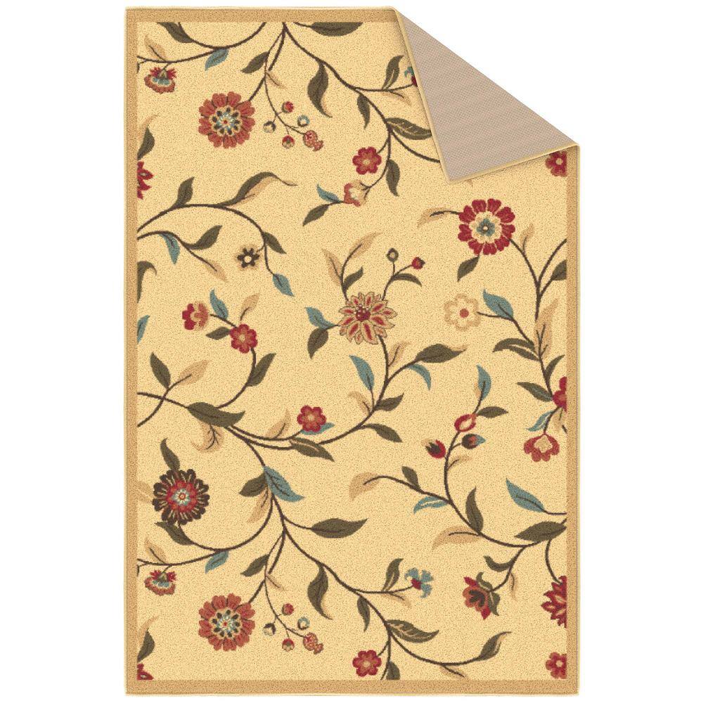 Beige Floral Leaves Design Washable Synthetic Area Rug