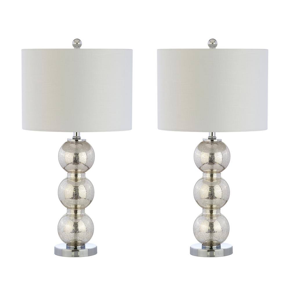 Mercury Silver Glass Triple-Sphere Table Lamp Set with Linen Shade