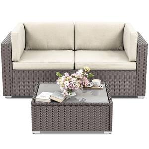 All Weather 3-Piece Wicker Outdoor Patio Conversation Sectional Set with Beige Cushions