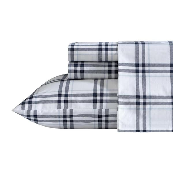 Ryan Cove Plaid 4-Piece Navy Seas Blue Percale Cotton King Sheet Set