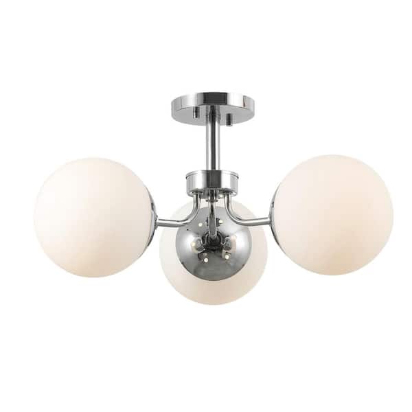 JONATHAN Y Olivier 23.5 in. 3-Light Bohemian Farmhouse Iron/Frosted Glass LED Semi Flush Mount, Chrome