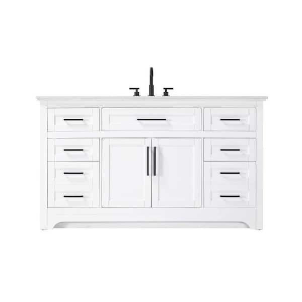 60 in. Single Sink Freestanding White Bath Vanity with Marble White Engineered Marble Top