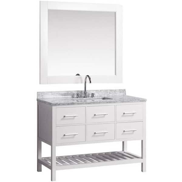Design Element London 48 in. W x 22 in. D Vanity in White with Marble Vanity Top and Mirror in Carrara White