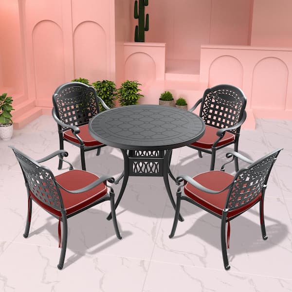 Willit Isabella Black 5-Piece Cast Aluminum Outdoor Dining Set with 39.37 in. Round Table and Random Color Seat Cushions