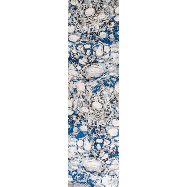 Dark Gray/Blue 2 ft. x 8 ft. Navy and Gray Marbled Abstract Runner Rug