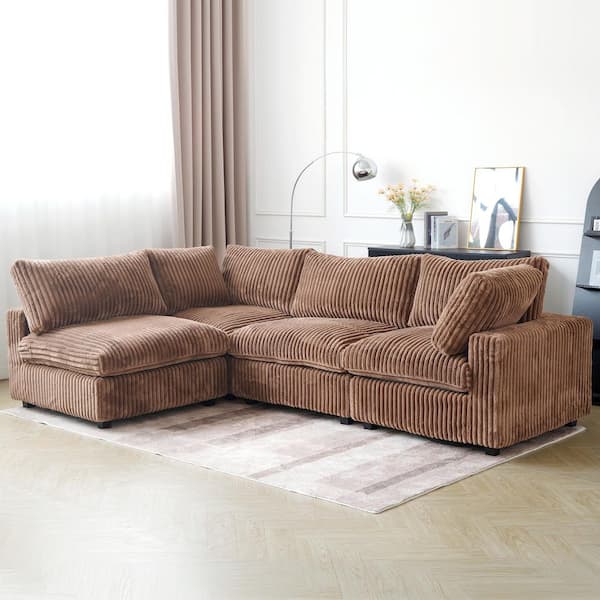 Magic Home Lawson Cloud Couch 157 in. Square Arm Faux Rabbit Fur Velvet Down Filled Modular Sofa with Washable Covers in. Brown