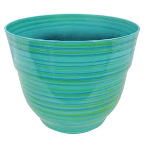 13 in. Indoor/Outdoor Plastic Round Striped Polypropylene Planter, Turquoise