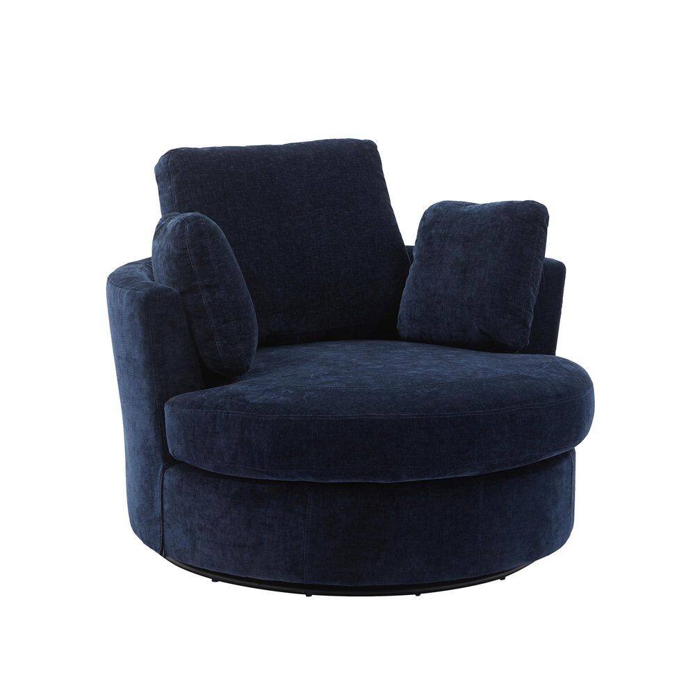 42 in. Navy Chenille 360° Swivel Barrel Chair with 3 Pillows