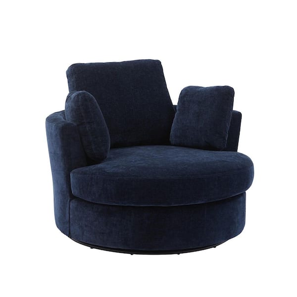 Unbranded 42 in. Navy Chenille 360° Swivel Barrel Chair with 3 Pillows