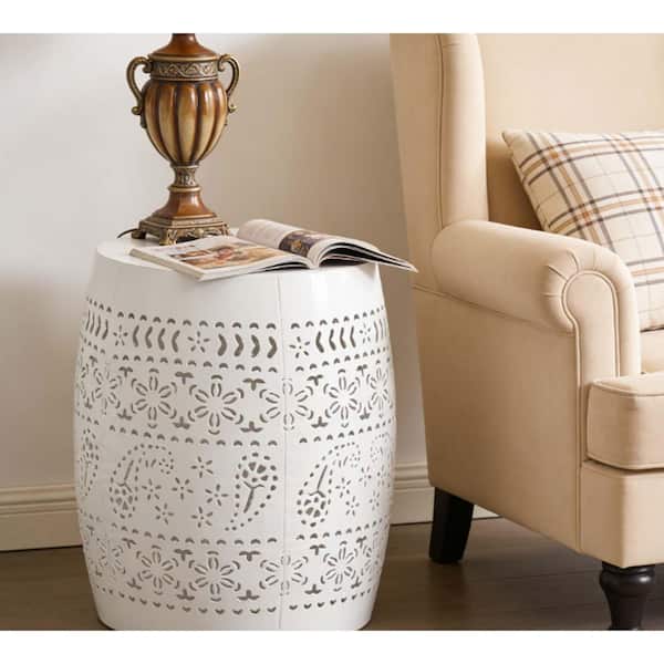 White Metal Outdoor Side Table Barrel Shape Accent Table with No