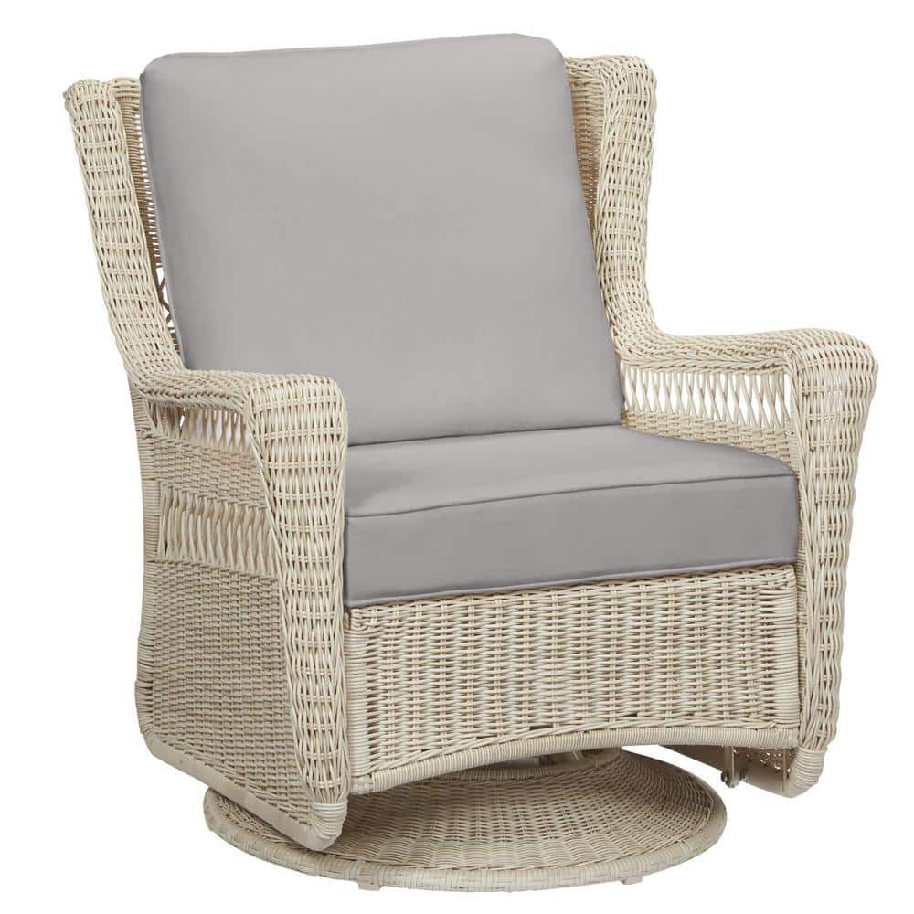 Hampton Bay Park Meadows Off-White Wicker Outdoor Patio Swivel Rocking Lounge Chair with CushionGuard Stone Gray Cushions