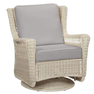 Park Meadows Off-White Wicker Outdoor Patio Swivel Rocking Lounge Chair with CushionGuard Stone Gray Cushions
