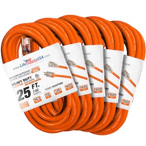 25 ft. 14-Gauge/3-Conductors SJTW 15 Amp Indoor/Outdoor Extension Cord with Lighted End Orange (5-Pack)