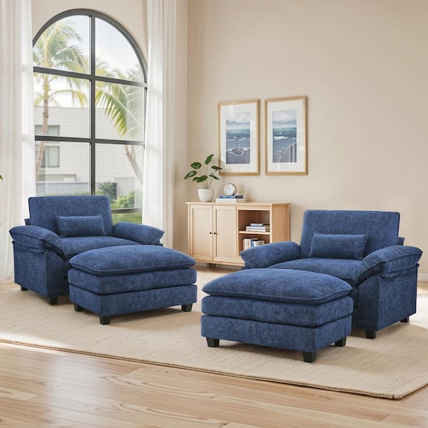 4-Piece Modern Large Navy Chenille Fabric Upholstery Accent Chair Tall Backrest Armchair with Ottoman