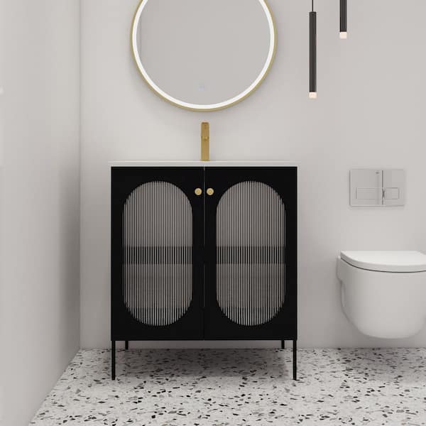 30 in. W x 18.3 in. D x 34.3 in. H Freestanding Bath Vanity in Black with White Ceramic Top