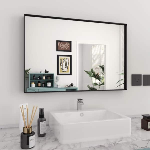 Trea 36 in. W x 24 in. H Large Rectangular Aluminum Beveled Square Angle Framed Wall Bathroom Vanity Mirror in Black