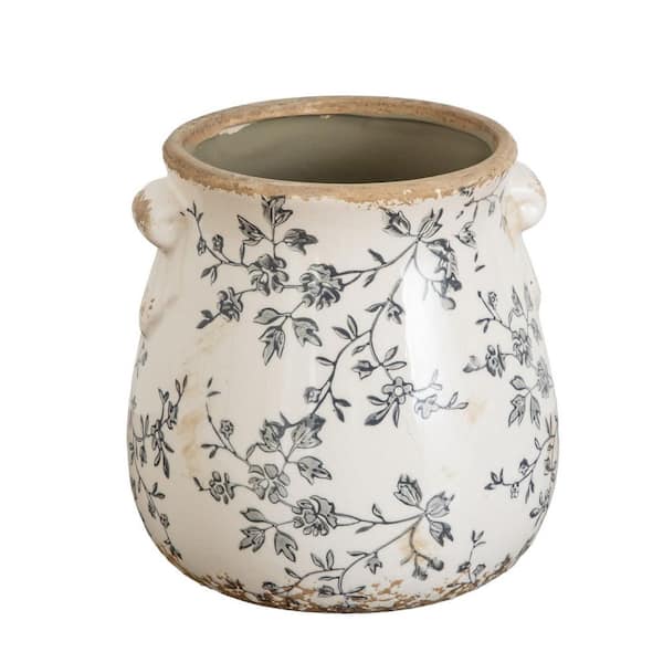 6.5 in. Green Floral Tuscan Ceramic Pot Gray Scroll Planter