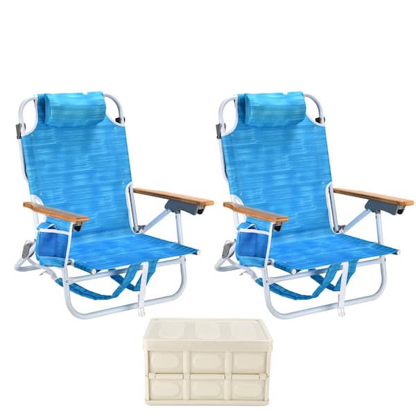 Otryad 2-Pieces Blue Aluminum Folding Backpack Beach Chair, Outdoor Camping Chair Set with Cup Holder and Storage Box