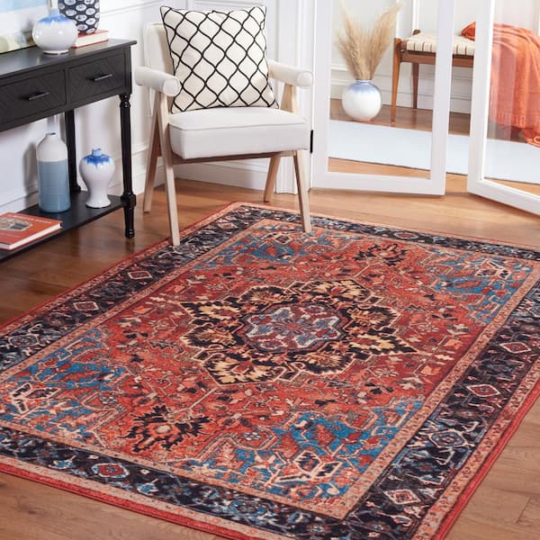 Riviera Red/Blue 9 ft. x 12 ft. Machine Washable Medallion Border Geometric Area Rug